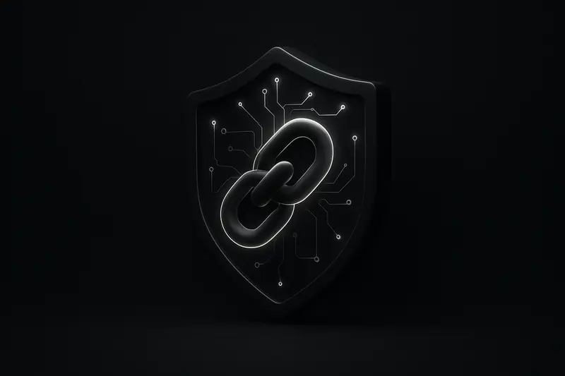 A matte-black cyber shield with neon circuit traces encircling bright interlocking chain links on a dark background.