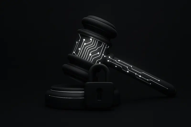 Black background with a steel padlock locking a neon-blue gavel shaped like circuitry, casting sharp shadows and faint sparks.
