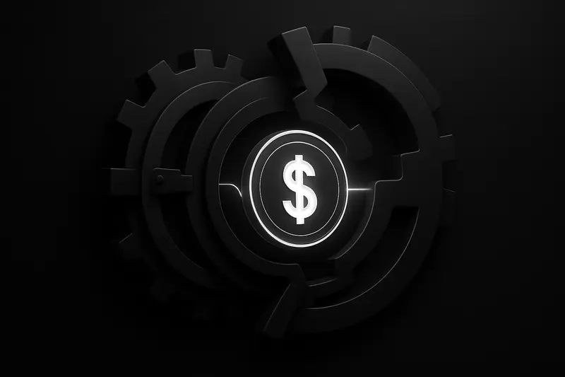 Glowing blue digital coin traveling through interlocking metallic vault gears and circuit lines on a dark, futuristic background