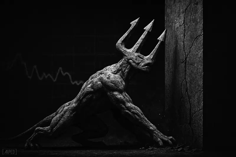 A grayscale trident-like beast strains beneath a dark resistance wall as faint energy dissipates behind it on a near-black grid backdrop.