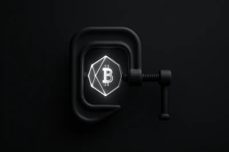 A luminous geometric coin trapped in a matte-black clamp with dial markings, casting sharp neon reflections on darkness.
