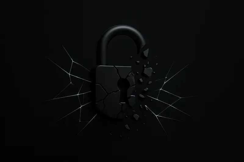 A cracked dark-metal padlock over a black background, with glowing neon web strands snapping and fading into particles.