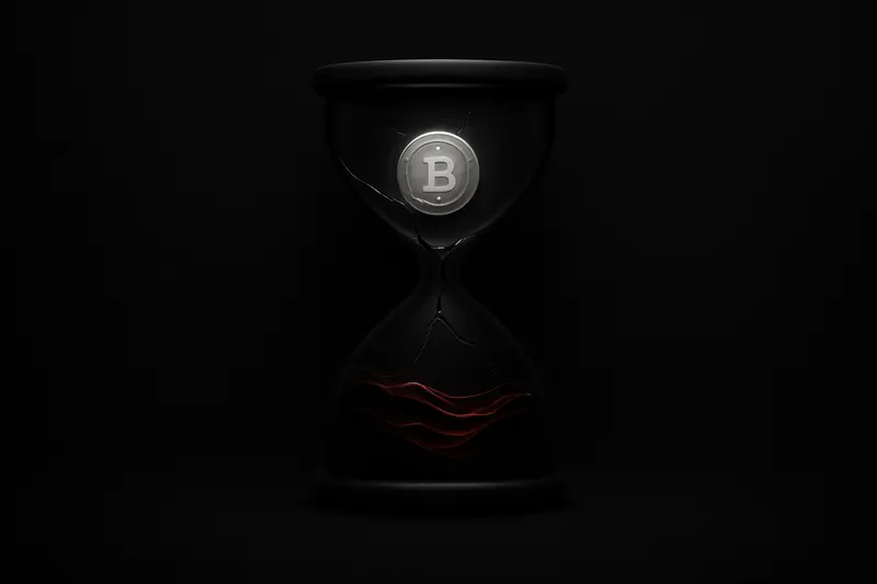 Cracked black hourglass with a faintly glowing coin suspended inside, hovering above jagged red wave patterns on a dark background.