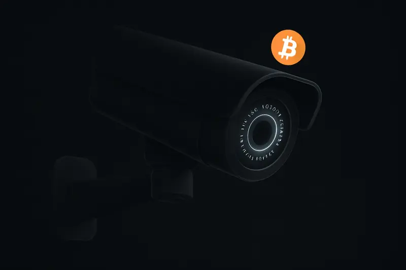 A black security camera with a glass lens reflecting a glowing ring of scrambled words above scattered orange coin-like shards.