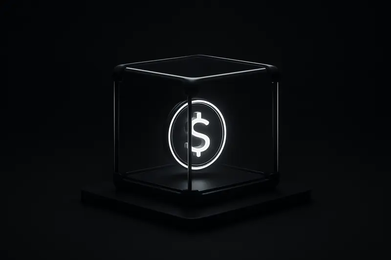 Glowing metallic coin suspended inside a transparent glass cube, surrounded by faint circuit lines on a dark background