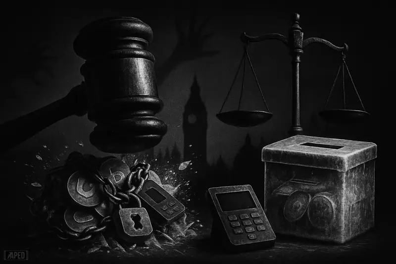 A giant gavel freezes and cracks chained crypto tokens beside a ballot box, with justice scales and Parliament silhouetted in darkness.