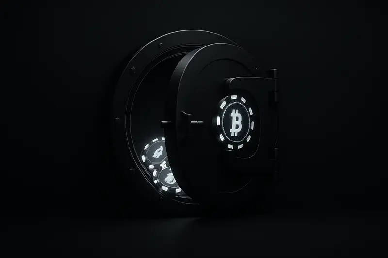 Neon-blue digital casino chips hovering behind a half-open steel vault door on a dark, smoky background.
