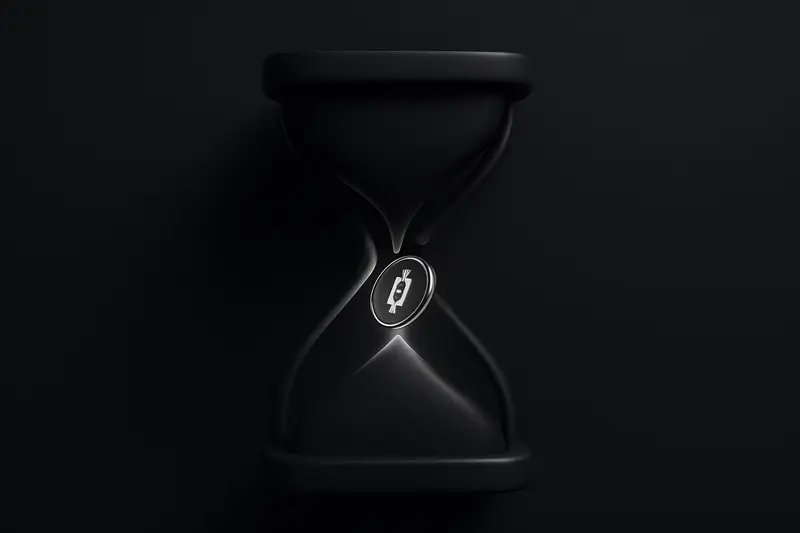 Glowing gold coin falling through a cracked glass hourglass as the neck tightens, set on a dark black background.