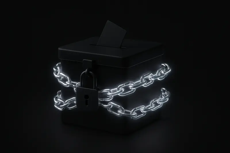 A matte-black ballot box secured by a metallic padlock as neon-blue chain links coil around it on a dark background.