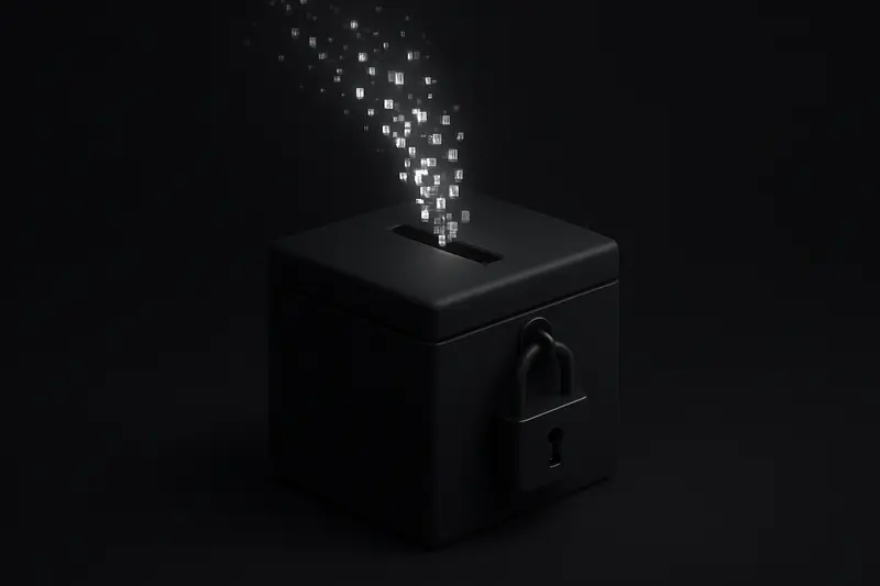 A matte-black ballot box with a steel padlock as blue pixelated coins and data streams flow into it on a dark background