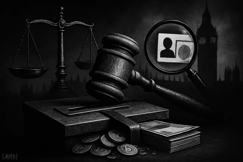 A gavel crushes crypto coins beside a ballot box as banknotes pass through, with KYC ID props and Westminster in shadow.