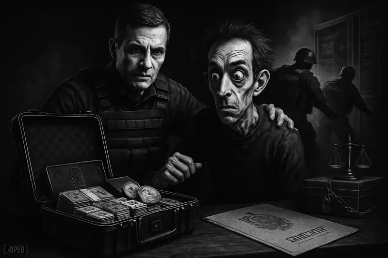 Monochrome raid scene with investigators arresting a cybercrime suspect in a dark server room amid seized assets and law-enforcement symbolism.