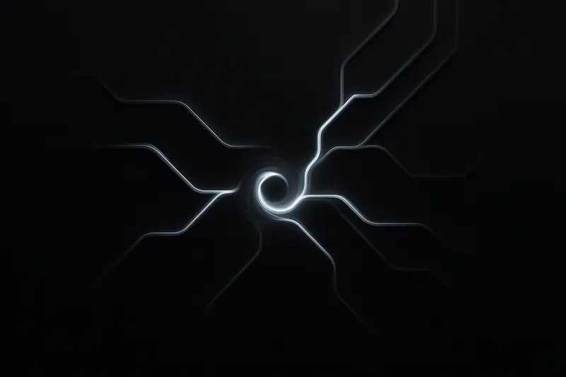 A dark abstract vortex with neon purple and pink streams branching into multiple channels over a black, futuristic grid.