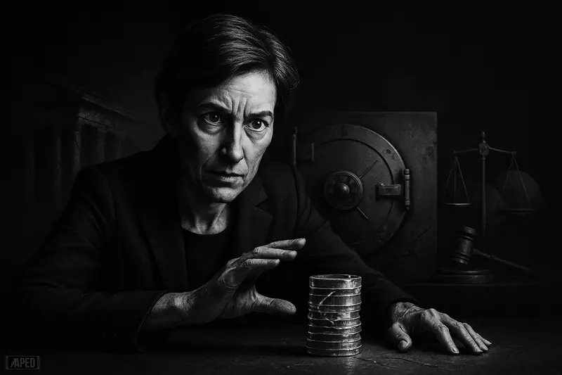 Elena Carletti warns over fragile crypto-bank reserves beside a cracked vault, with regulation symbols and collapsing bank imagery in dark grayscale.
