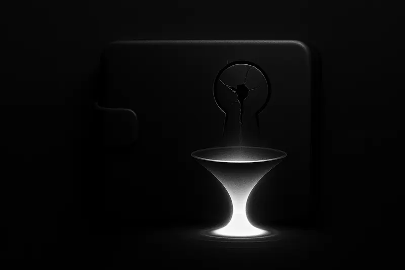Neon-blue vortex of liquid light spiraling into a cracked keyhole, with scattered digital shards on a black background.