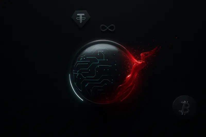 Glowing neon circuit sphere on a dark background, hit by a sweeping red wave and scattering bright data particles.