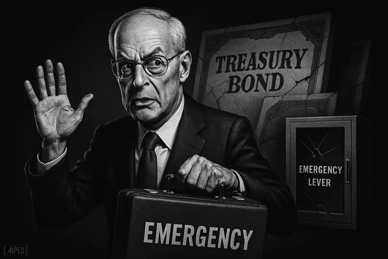 Henry Paulson stands in warning with an emergency briefcase before cracked bond documents and shattered glass in a dark financial crisis scene.