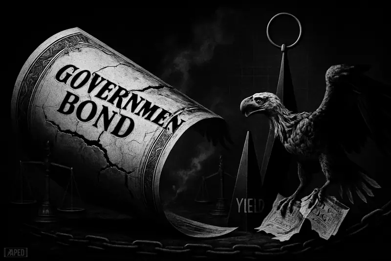 A cracked bond structure and distressed eagle loom in a dark grayscale scene, symbolizing a Treasury selloff and rising long-term yields.