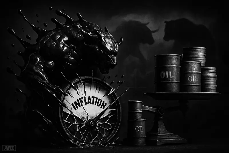 A black-and-white oil beast crashes through an inflation gauge while a burdened scale and market animals loom in a dark data-grid scene.