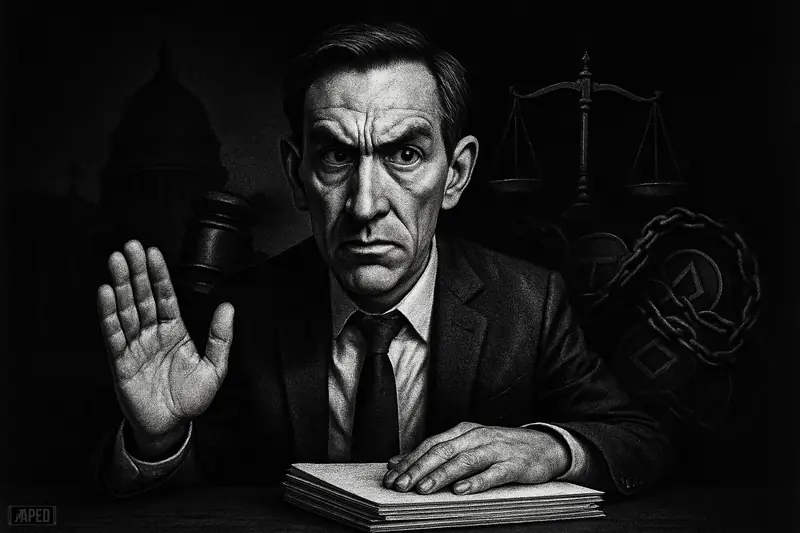 Peter Van Valkenburgh warns from a dark policy desk as legal symbols and shadowy Washington imagery suggest a looming crypto crackdown.