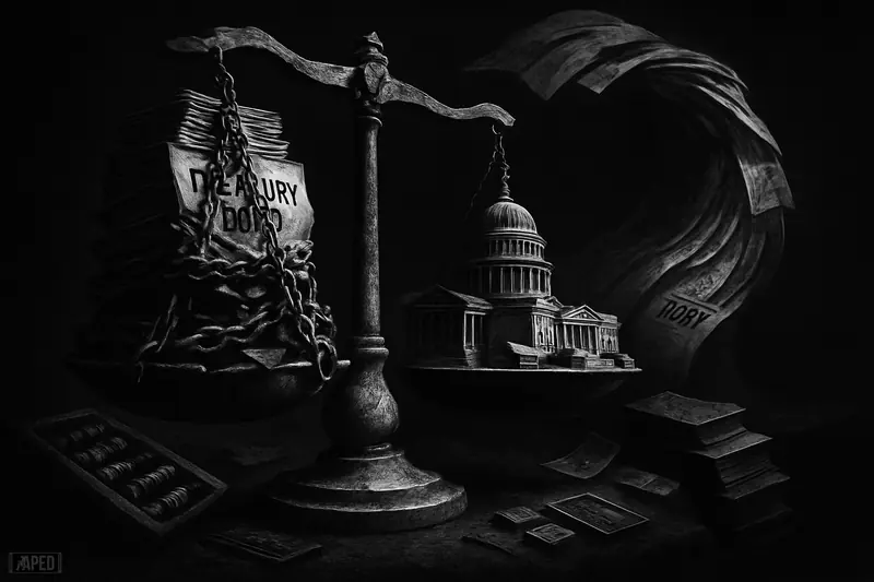 A giant burdened budget scale sinks under debt papers and gears while a dark paper serpent of national debt rises behind it.