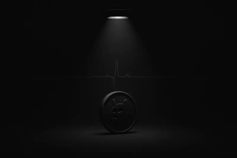 A single glowing coin sits under a cold spotlight next to a nearly flat neon price line on a dark background.