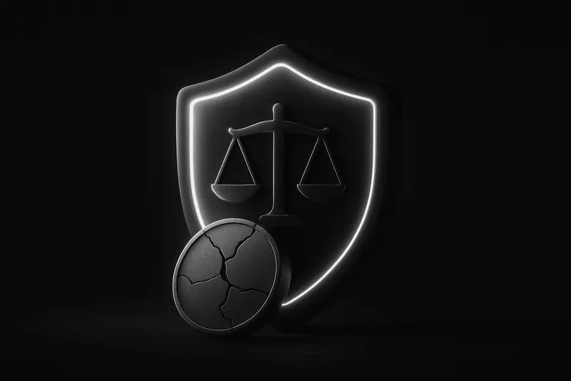 A cracked glowing coin floats behind a translucent shield-like barrier, with faint gavel silhouette and digital grid on black.