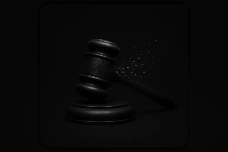 On a dark background, a judge’s gavel appears cracked and fading into glowing digital particles above a shadowed docket folder.