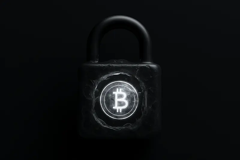 A luminous digital coin encased in a translucent ice padlock, surrounded by faint blockchain lines on a dark background.