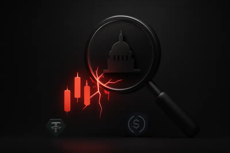 A chrome magnifying glass over a jagged red candlestick chart, with faint Capitol silhouette and scattered broken glass on black.