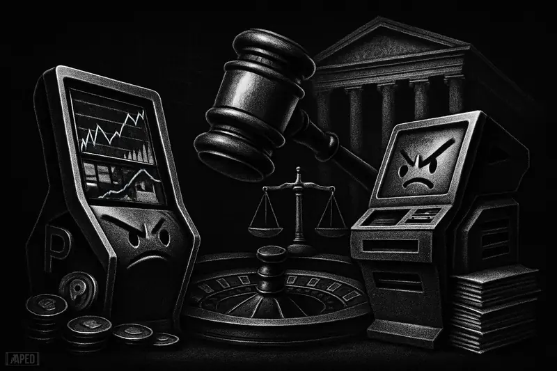 Two tense prediction-market machines face a descending gavel over a roulette-trading hybrid, framed by government symbols in a dark grayscale scene.