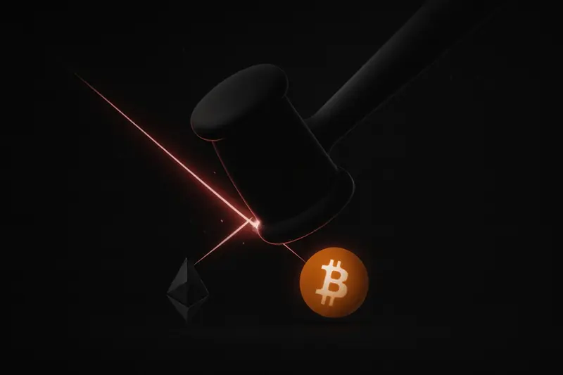 On a dark background, a heavy metallic gavel slices through red neon lines that resemble a betting chart and crosshairs.