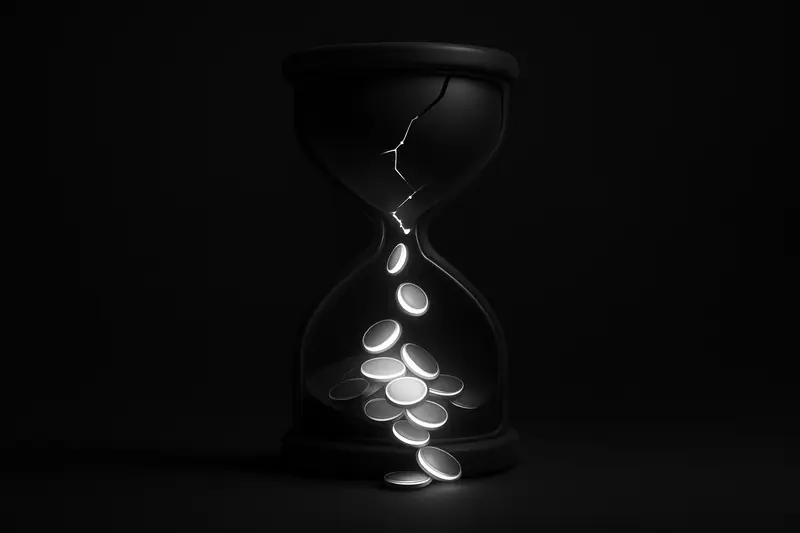 A cracked neon hourglass on a black background, releasing a stream of glowing particles and coins into shadowy depth.