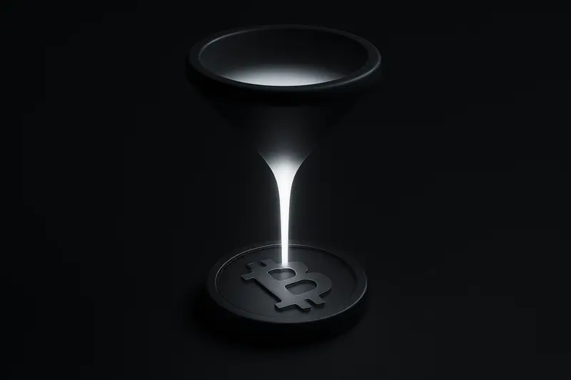 On a black background, a luminous funnel channels green-white liquid light into a metallic coin, with faint chart lines behind.