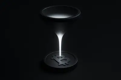 On a black background, a luminous funnel channels green-white liquid light into a metallic coin, with faint chart lines behind.