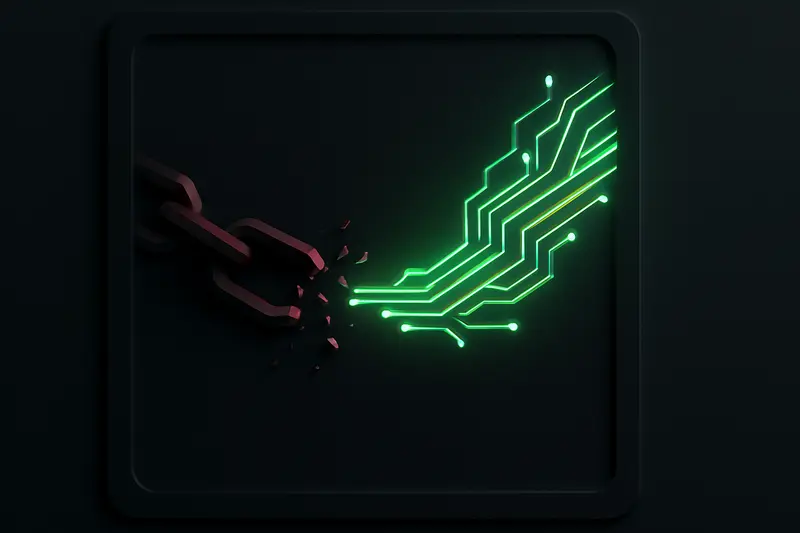 On a black background, a fractured red chain morphs into a glowing green circuit-like stream with subtle digital particles.