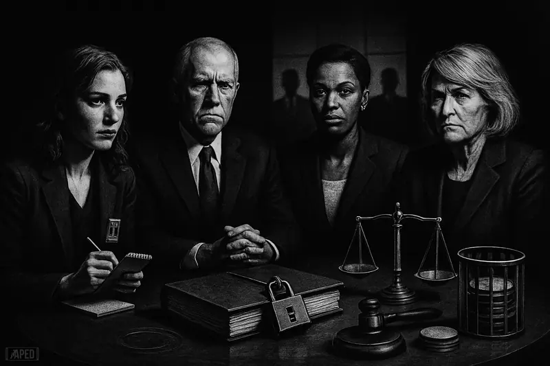 Four caricatured U.S. political and media figures in a dark Senate room, sealed documents and regulation symbols, with an empty seat and ripples.