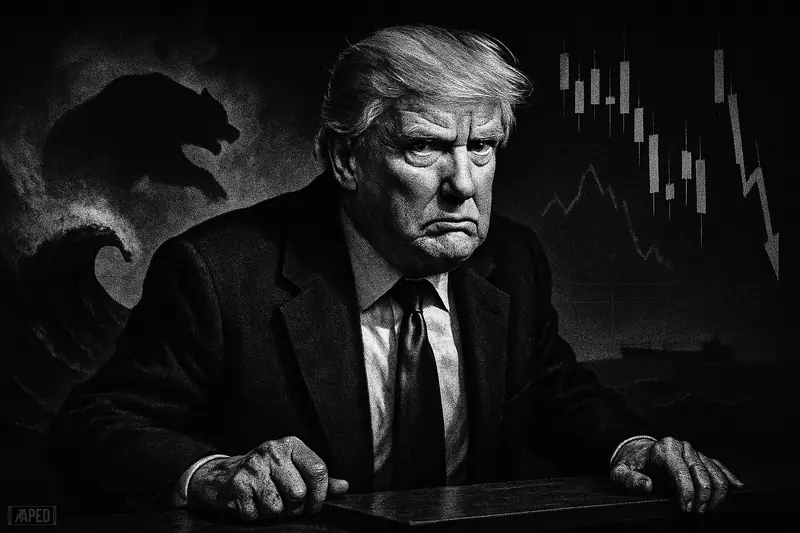 Donald Trump caricatured in grayscale amid surging oil waves, falling market signals, and a dark financial storm with tanker silhouettes behind.