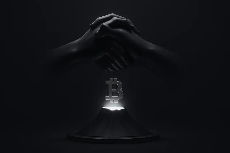 Two dark metallic hands clasp in a handshake above a glowing coin ring, with a stylized volcano silhouette on black.