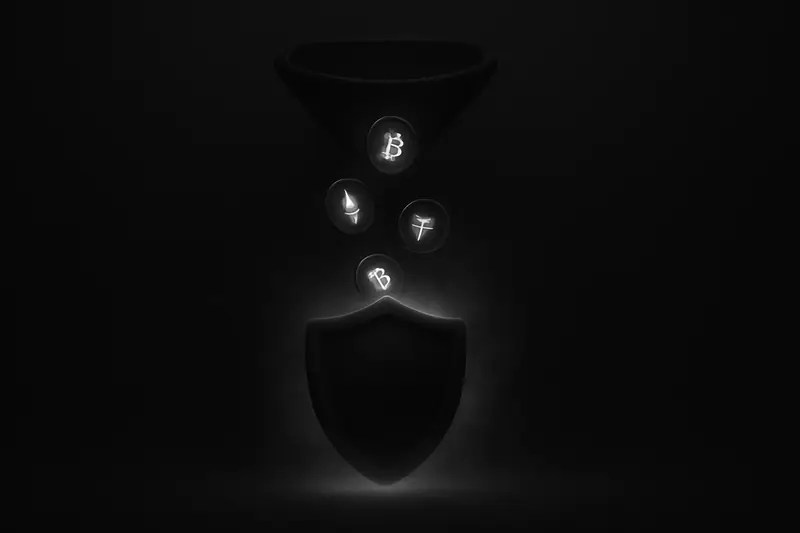 Dark metallic funnel swirls glowing coin-like particles into a soft fog that forms a protective shield on black background