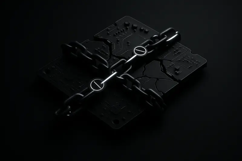 Broken dark circuit board with red warning glow, chained to floating crypto-like coins, against a deep black background.
