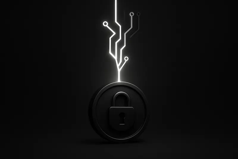 Glowing red circuit lines cut midstream, feeding into a dark coin sealed with a metallic padlock on a black background.