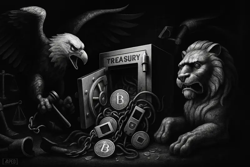 A monochrome vault erupts with chained crypto tokens as an eagle-like enforcement machine attacks a shadowed lion amid severed network conduits.