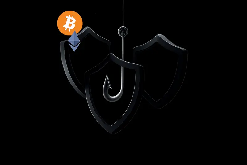 Three dark metallic shields interlock into a triangle, trapping a neon fishing hook amid scattered digital coin shards on black.