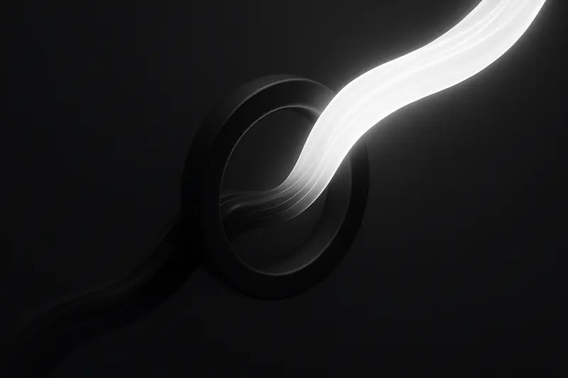 Two luminous fluid streams race through a dark metallic ring tunnel, one bright blue overtaking a dim green flow.