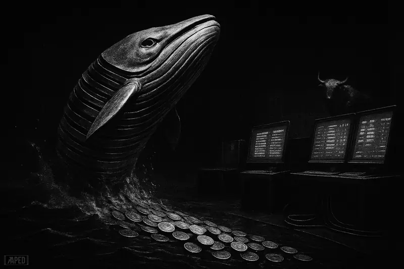 A giant metallic whale charges toward a dark trading floor as coin-like streams rush forward, with a distant bull shape behind.