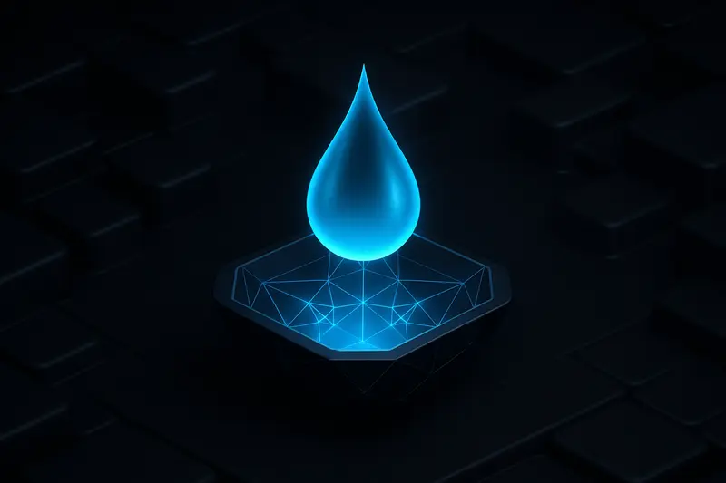 Glowing blue liquid droplet pools into a geometric lattice bowl, with faint circuit lines and scattered particles on black.