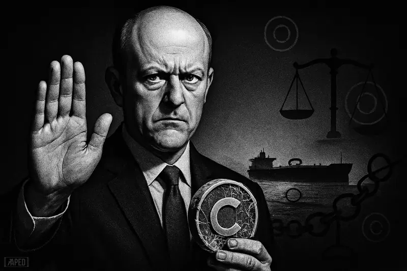 Jeremy Allaire stands sternly with an ice-encased token before a dark maritime chokepoint, surrounded by sanctions and compliance imagery.