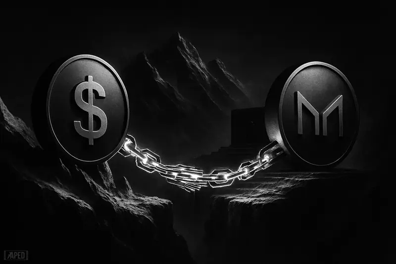 Two metallic stablecoin spheres cross a luminous bridge through icy mountains in a dark monochrome crypto-finance scene.