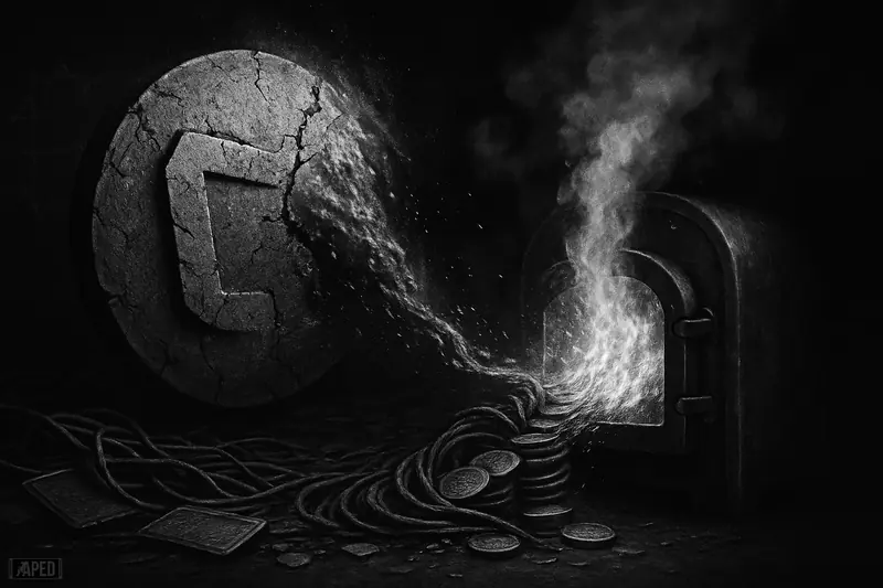 A giant coin-like disk disintegrates into ash beside an open furnace, with shattered DeFi elements fading into a dark data-grid background.